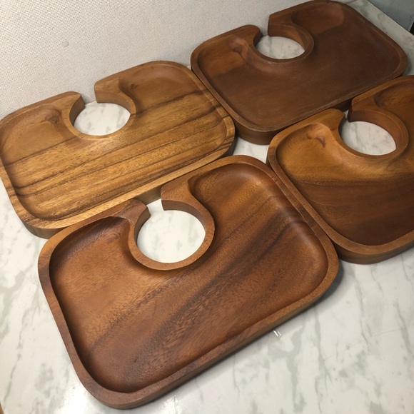 Set of 4 Teak Wood WINE & DINE PLATTERS TRAY - Picture 2 of 9
